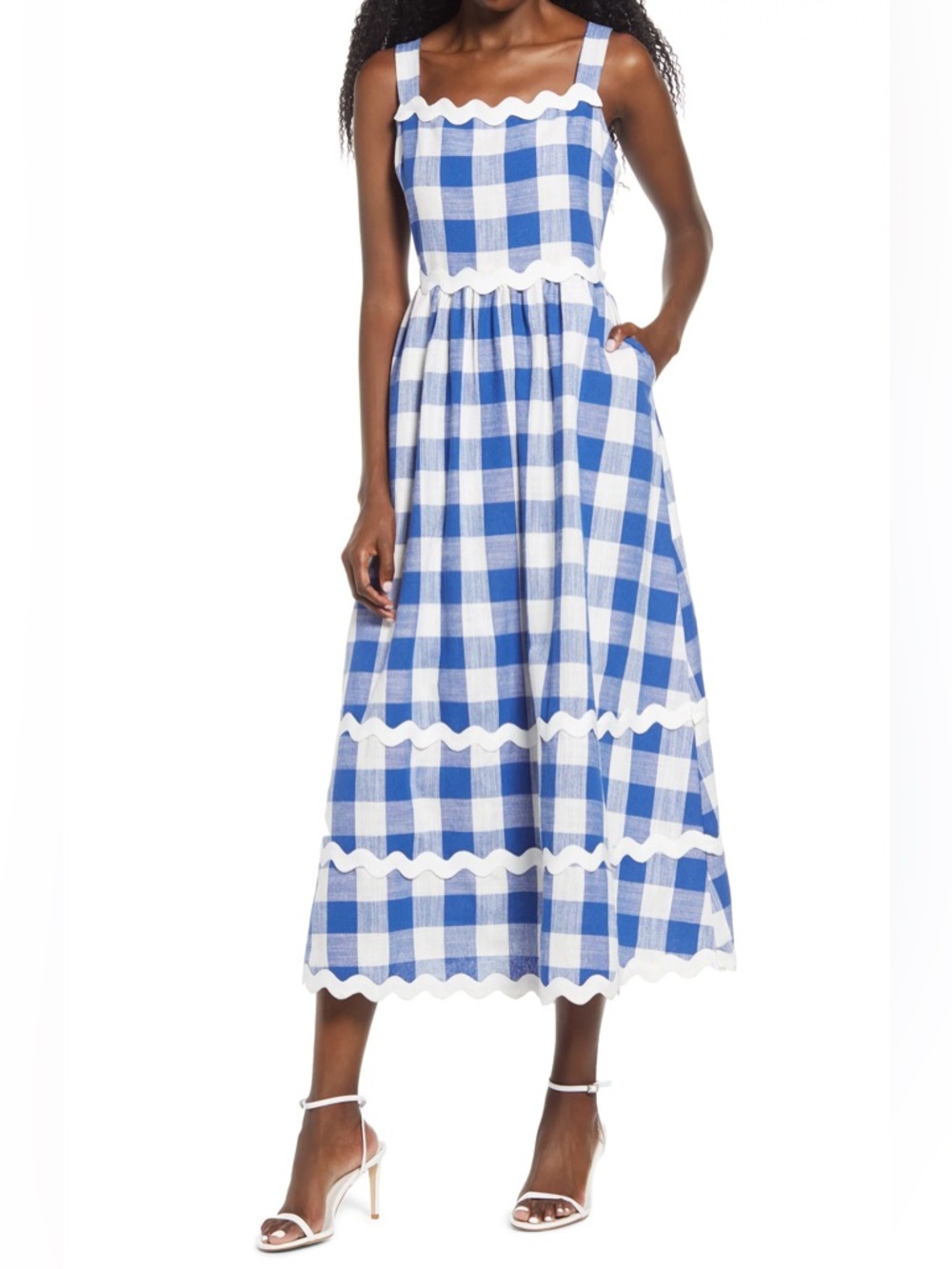 English Factory Blue and White Gingham Midi Dress